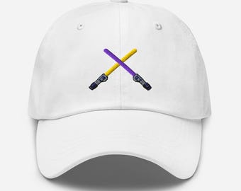 Fanático de los sables de luz, gorra de papá, gorra de fanático de la Fuerza, gorra de fanático de Star Wars, lado oscuro, lado luminoso, espadas moradas y amarillas