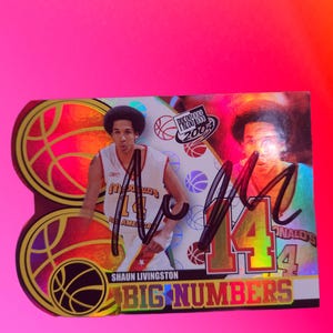 Peut inclure: Carte de collection de basket-ball avec Shaun Livingston portant un maillot blanc et rouge avec le numéro 14. La carte porte le texte "BIG NUMBERS" et "PRESS PASS 2004". La carte est autographiée.