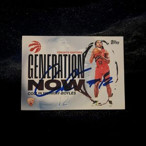 May include: A Topps basketball card featuring Collin Murray-Boyles of the Toronto Raptors. The card has the text "GENERATION NOW" and a signature in blue ink. The player is wearing a red jersey with the number 12.