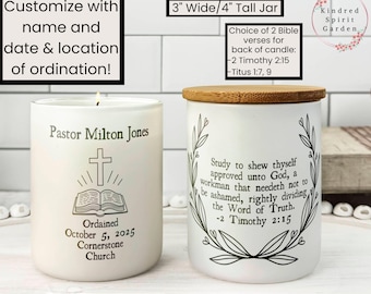 Pastor Ordination Gift Candle w Bible Design, Ordination Gift, Gift for Ordained Pastor, Pastor Gift, Unscented Candle, 10oz Small Candle