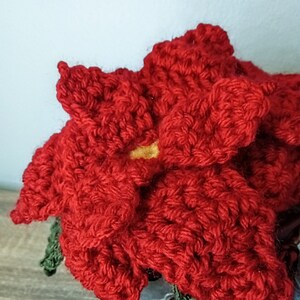 Könnte beinhalten: Eine rote gehäkelte Weihnachtsstern-Blume mit grünen Blättern in einem Metalltopf. Der Topf hat ein Schneeflockenmuster.