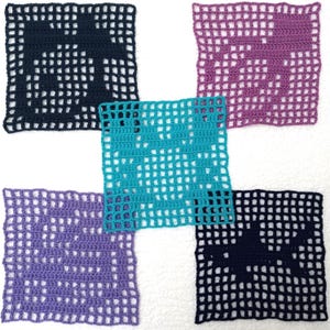 May include: Five crocheted squares in different colors: teal, purple, dark blue, and two shades of lavender. Each square has a geometric pattern of open spaces and solid stitches.
