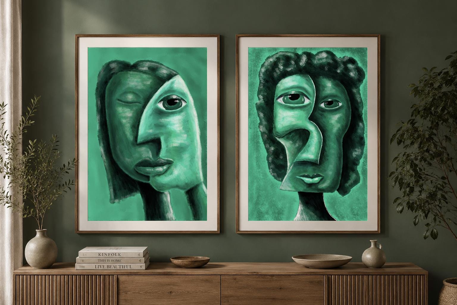 Emerald Green Cubism Print Set, Abstract Portrait, Modern Gallery Wall ...