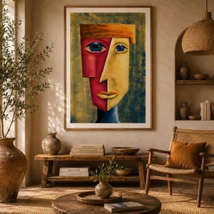 May include: A framed abstract artwork depicting a face divided into red and yellow halves, with blue eyes. The room includes a wooden bench, books, and a woven chair, creating a warm and inviting atmosphere. The artwork is the focal point.