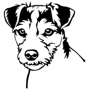 Può includere: Silhouette in bianco e nero della testa di un Jack Russell Terrier. Il cane sta guardando a sinistra dell'immagine.