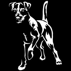 Può includere: Una silhouette bianca di un Jack Russell Terrier in piedi con le zampe anteriori leggermente sollevate e la coda arrotolata. Il cane è rivolto in avanti con la testa leggermente inclinata di lato.