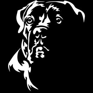 Könnte beinhalten: Eine Schwarzweißillustration eines Hundekopfes. Der Hund hat eine kurze, flache Schnauze und große, herabhängende Ohren.