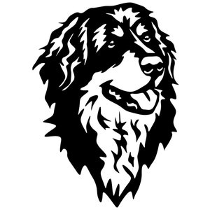 Könnte beinhalten: Schwarz-weiß-Illustration eines Berner Sennenhundes. Der Hund schaut nach rechts und hat die Zunge herausgestreckt.