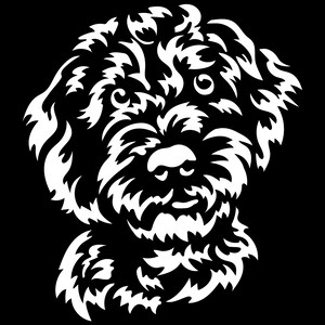 Könnte beinhalten: Stilisierte weiße Illustration eines Hundegesichts vor schwarzem Hintergrund. Die Merkmale des Hundes, einschließlich Augen, Nase und Fell, werden mit fließenden, abstrakten Linien dargestellt, wodurch ein einzigartiges, künstlerisches Design entsteht. Geeignet für Tierprodukte.