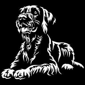 May include: Black and white illustration of a German Shorthaired Pointer dog lying down with its head turned to the side. The dog has a long, pointed snout and floppy ears.