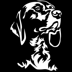 Könnte beinhalten: Schwarz-weiße Silhouette eines Hundekopfes, der nach rechts schaut. Der Hund hat herabhängende Ohren und eine lange Schnauze.