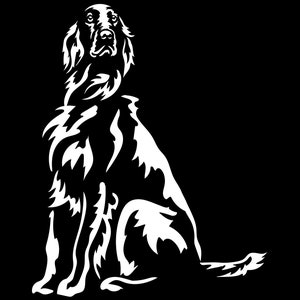 Könnte beinhalten: Schwarz-weiße grafische Illustration eines sitzenden Hundes. Das Fell des Hundes ist mit weißen, fließenden Linien vor einem einfarbigen schwarzen Hintergrund stilisiert. Der Hund blickt nach vorne.