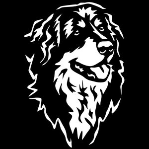 Könnte beinhalten: Schwarz-weiß-Illustration eines Berner Sennenhundes. Der Hund schaut nach rechts und hat die Zunge herausgestreckt.