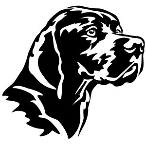 Könnte beinhalten: Schwarz-weiße grafische Darstellung eines Hundekopfes im Profil. Die Illustration zeigt die Konturen und Details des Hundes, mit starken Kontrasten für Kopf, Schnauze und Ohr.