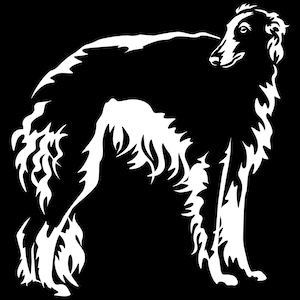 Könnte beinhalten: Eine weiße Silhouette eines russischen Windhundes, der auf einem schwarzen Hintergrund steht. Der Hund ist nach rechts gerichtet und hat einen langen, schlanken Körper und eine lange, spitze Schnauze.