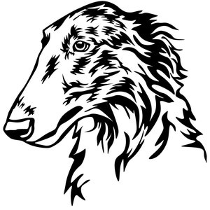 Könnte beinhalten: Schwarz-weiß-Linienzeichnung eines Borzoi-Hunde-Kopfes. Der Hund schaut nach links mit geschlossenem Maul. Die Illustration ist detailliert und zeigt das Fell, die Ohren und die Augen des Hundes.