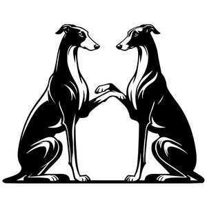 Op de afbeelding: Twee gestileerde zwart-wit illustraties van windhonden die elkaar aankijken. De windhonden zitten met hun voorpoten tegen elkaar aan.