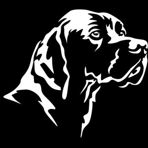 Könnte beinhalten: Schwarz-weiße grafische Illustration eines Hundekopfes im Profil. Die Merkmale des Hundes werden durch weiße Linien vor einem einfarbigen schwarzen Hintergrund definiert. Das Bild hebt das Auge, die Nase und das Ohr des Hundes hervor.