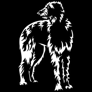 Könnte beinhalten: Schwarz-weiße Grafik eines Hundes, vermutlich eines Schottischen Deerhounds, der steht und über die Schulter blickt. Das Fell des Hundes ist mit gezackten weißen Linien auf einem schwarzen Hintergrund stilisiert.