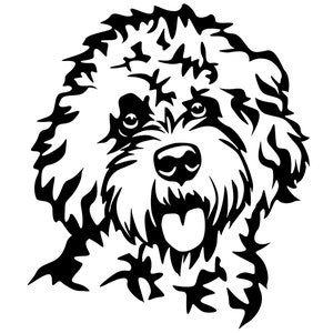 Könnte beinhalten: Schwarz-weiß-Linienzeichnung eines Hundekopfes. Der Hund hat ein flauschiges, lockiges Fell und schaut mit herausgestreckter Zunge direkt auf den Betrachter.
