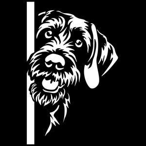 May include: A monochrome graphic of a dog's head, emerging from behind a white vertical line. The dog has a shaggy muzzle, drooping ears, and a cheerful expression. The image is a minimalist design.