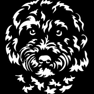 Könnte beinhalten: Schwarz-weiße grafische Illustration eines Hundegesichts. Der Hund hat ein flauschiges, lockiges Fell, mit detaillierten weißen Linien, die Fell, Augen, Nase und Mund vor einem schwarzen Hintergrund definieren. Das Bild ist eine stilisierte Darstellung.