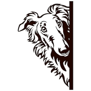 Könnte beinhalten: Schwarz-weiße Illustration eines Borzoi-Hundes, der um eine Ecke späht. Der Hund ist detailliert dargestellt, mit Fokus auf Fell und Gesichtszüge. Das Design ist schlicht und elegant.