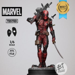 May include: A 1/6 scale 3D printed model of Deadpool, a Marvel Comics superhero, in a red and black suit with a large gun and a katana sword. The model is printed in a detailed style with a textured surface. The model is labeled "Tested" and "STL File".
