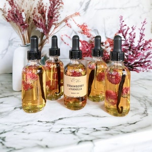 Strawberry & Vanilla Body Oil, Luxury Body Oil, Massage Oil, Hydrating Oil, Vanilla Bean moisturizer, Gift Idea, Vanilla Infused Body Oil