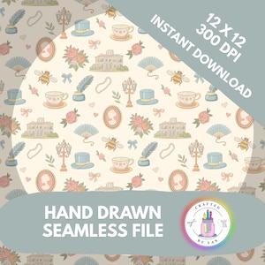 Puede incluir: Un archivo digital sin costuras con un patrón repetitivo de ilustraciones vintage. El diseño incluye tazas de té, sombreros, camafeos, rosas, abejas y elementos arquitectónicos. El texto dice "12 x 12 300 DPI DESCARGA INSTANTÁNEA" y "HAND DRAWN SEAMLESS FILE".