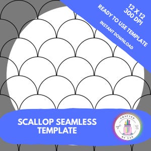 May include: A digital scallop seamless template design in black and white. The image includes the text "12 X 12 300 DPI READY TO USE TEMPLATE INSTANT DOWNLOAD" and "SCALLOP SEAMLESS TEMPLATE". A logo is also present.