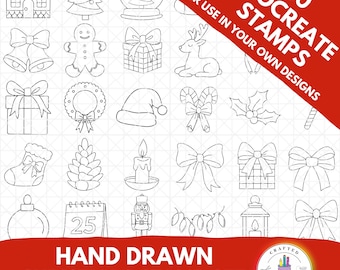 May include: A collection of 30 hand-drawn Christmas stamps for Procreate, featuring festive designs like a house, Christmas tree, snow globe, bells, gingerbread man, gifts, reindeer, wreath, Santa hat, candy canes, holly, stocking, candle, ornaments, and a nutcracker.