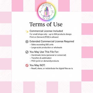 May include: A pink and white checkered background with text detailing the terms of use for a commercial license. The text includes information on usage rights, including handmade items, transfers, and POD products. A logo with a jar of art supplies is at the top.