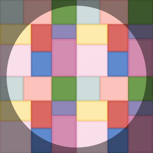 May include: A vibrant patchwork pattern composed of rectangular blocks in diverse colours such as red, blue, green, yellow, and pink. Each block is outlined with stitching, adding texture. A white circular overlay partially obscures the design.