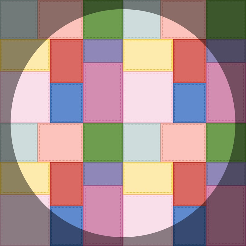 May include: A vibrant patchwork pattern composed of rectangular blocks in diverse colours such as red, blue, green, yellow, and pink. Each block is outlined with stitching, adding texture. A white circular overlay partially obscures the design.