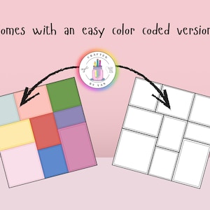 May include: An image showing a colour-coded design and a blank version. The colour-coded design features squares in various colours, including pink, blue, green, and yellow. The text reads, "Comes with an easy color coded version!"