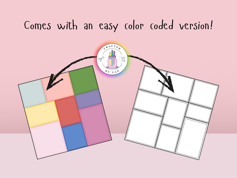 May include: An image showing a colour-coded design and a blank version. The colour-coded design features squares in various colours, including pink, blue, green, and yellow. The text reads, "Comes with an easy color coded version!"