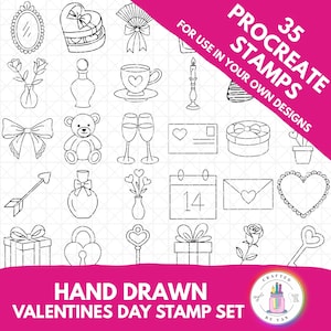 May include: A collection of 35 hand-drawn Procreate stamps with a Valentine's Day theme. The black and white illustrations include hearts, gifts, flowers, and other romantic elements. Text on the image reads "35 Procreate Stamps" and "Hand Drawn Valentines Day Stamp Set."