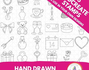 Valentines Day Element Procreate Stamp Set | 35 Hand-Drawn Brushes + 4 Bonus Color Palettes | Holiday Line Art for Artists
