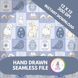 Op de afbeelding: Een naadloos digitaal bestand met Pasen-thema-illustraties. Het ontwerp bevat konijnen, lammeren, vogels, paaseieren en nesten met eieren, allemaal in een zacht blauw en wit kleurenpalet. De tekst "HAND DRAWN SEAMLESS FILE" staat onderaan. Het bestand is 30.48 x 30.48 cm bij 300 DPI.