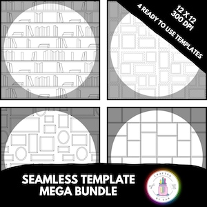 May include: A black and white digital art bundle with four seamless templates. Designs include a bookshelf, postage stamp shapes, picture frames, and a geometric pattern. Text reads "4 READY TO USE TEMPLATES" and "SEAMLESS TEMPLATE MEGA BUNDLE".