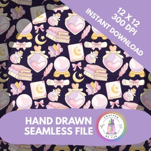 Handdrawn Magic Seamless Pattern Dark Purple Witchy Digital Paper Crystal Book Fantasy Pattern