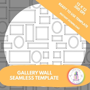 May include: A black and white seamless gallery wall template with various rectangular and oval frames. The image includes the text "READY TO USE TEMPLATE" and "INSTANT DOWNLOAD". The template is 12 x 12 inches at 300 DPI.