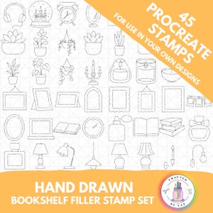 May include: A digital stamp set featuring 45 hand-drawn bookshelf filler stamps. The stamps include various home decor items like plants, frames, lamps, clocks, and perfume bottles. The text on the image says "45 Procreate Stamps" and "Hand Drawn Bookshelf Filler Stamp Set."