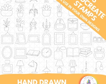 Bookshelf Element Procreate Stamp Set | 45 Hand-Drawn Brushes | Bookshelf Pattern Line Art for Artists