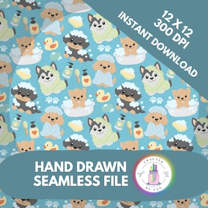 May include: Seamless digital file with a repeating pattern of cartoon puppies in bathtubs, wrapped in towels, and with bath accessories on a light blue background. The file is labeled "Hand Drawn Seamless File" and "Instant Download."