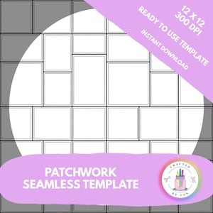 May include: A digital patchwork seamless template with a grid of rectangular shapes outlined with dotted lines. The image includes the text "READY TO USE TEMPLATE" and "INSTANT DOWNLOAD". The template is 12 x 12 inches at 300 DPI.