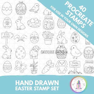 May include: A collection of 40 hand-drawn Easter-themed Procreate stamps. The black and white illustrations include Easter eggs, bunnies, baskets, chicks, and signs with text that reads "Egg Hunt" and "Happy Easter!" The set is designed for use in digital designs.