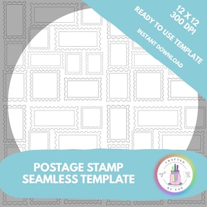 May include: A seamless postage stamp template with a repeating pattern of various sized rectangular frames with scalloped edges. The design is in grayscale, with the text "POSTAGE STAMP SEAMLESS TEMPLATE" and "READY TO USE TEMPLATE" in the image.