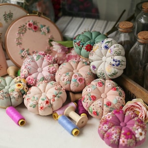 Handmade floral embroidered pin cushion, Handmade Round Pumpkin Pincushion, Pin Accessory, Pin Keeper, for who love embroidery